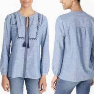 J. Crew Mercantile Womens Chambray Embroidered Peasant Tasseled top blue Medium